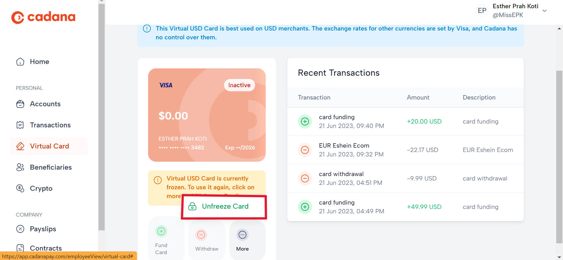 How to Freeze and Unfreeze Cadana Virtual Card – Cadana